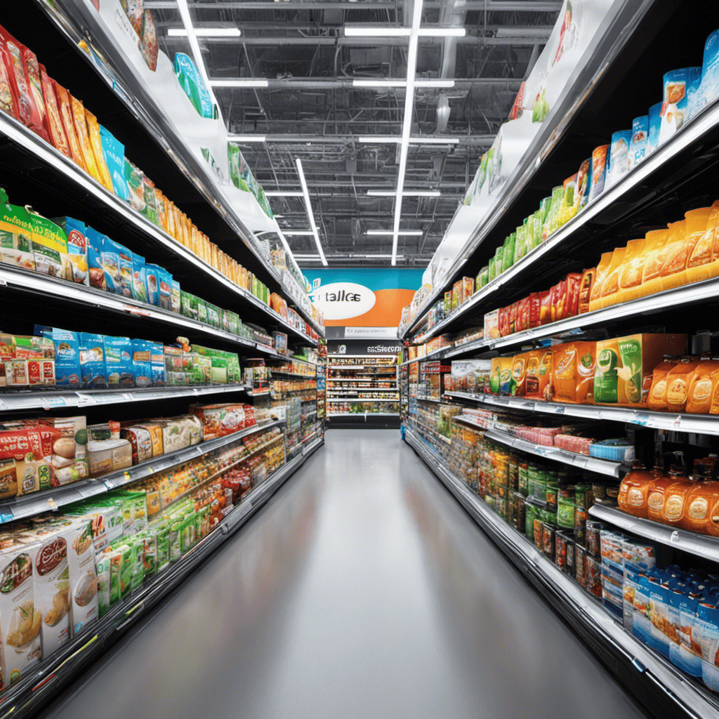 An image showcasing a spacious supermarket aisle with neatly organized shelves displaying various household appliances, including sleek and modern personal air purifiers