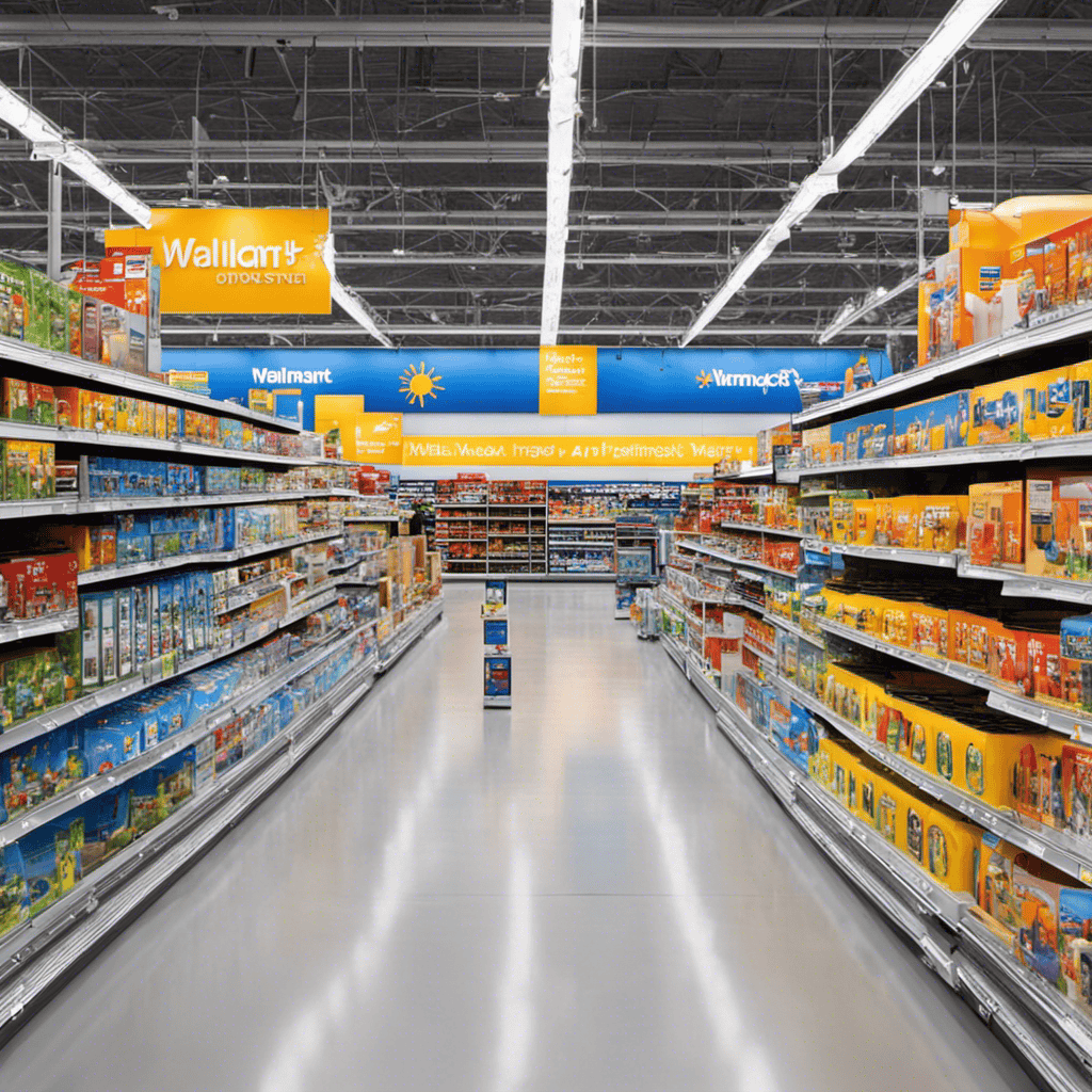 An image showcasing the interior of a Walmart store, featuring a brightly lit aisle filled with various household appliances