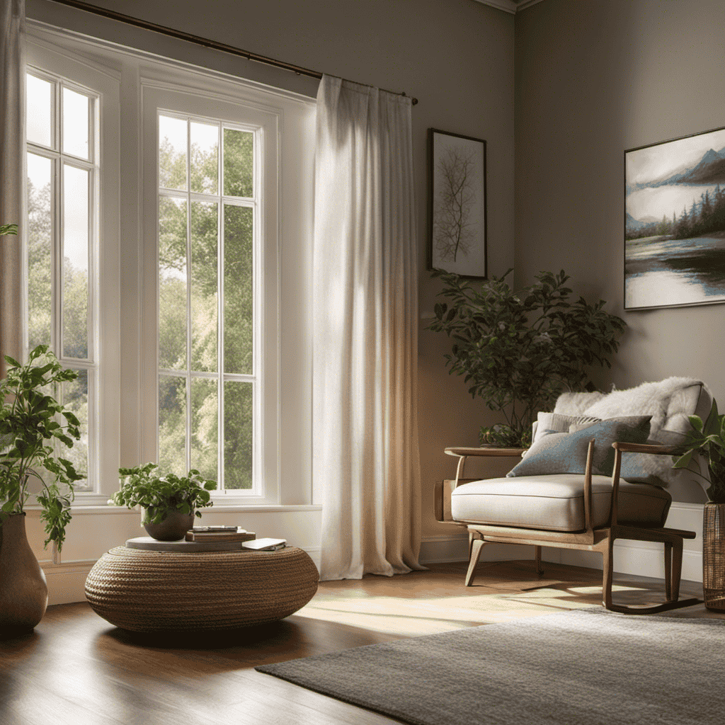 An image showcasing a tranquil living room with sunlight streaming through clean windows, as an air purifier silently eliminates microscopic allergens, dust particles, and pollutants floating in the air