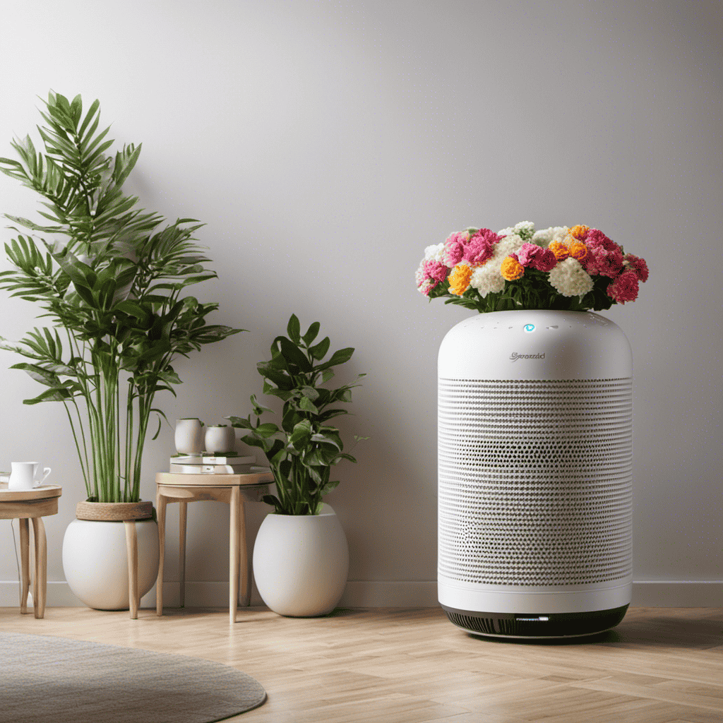 An image showcasing a serene indoor space with a vibrant bouquet of flowers placed next to an air purifier