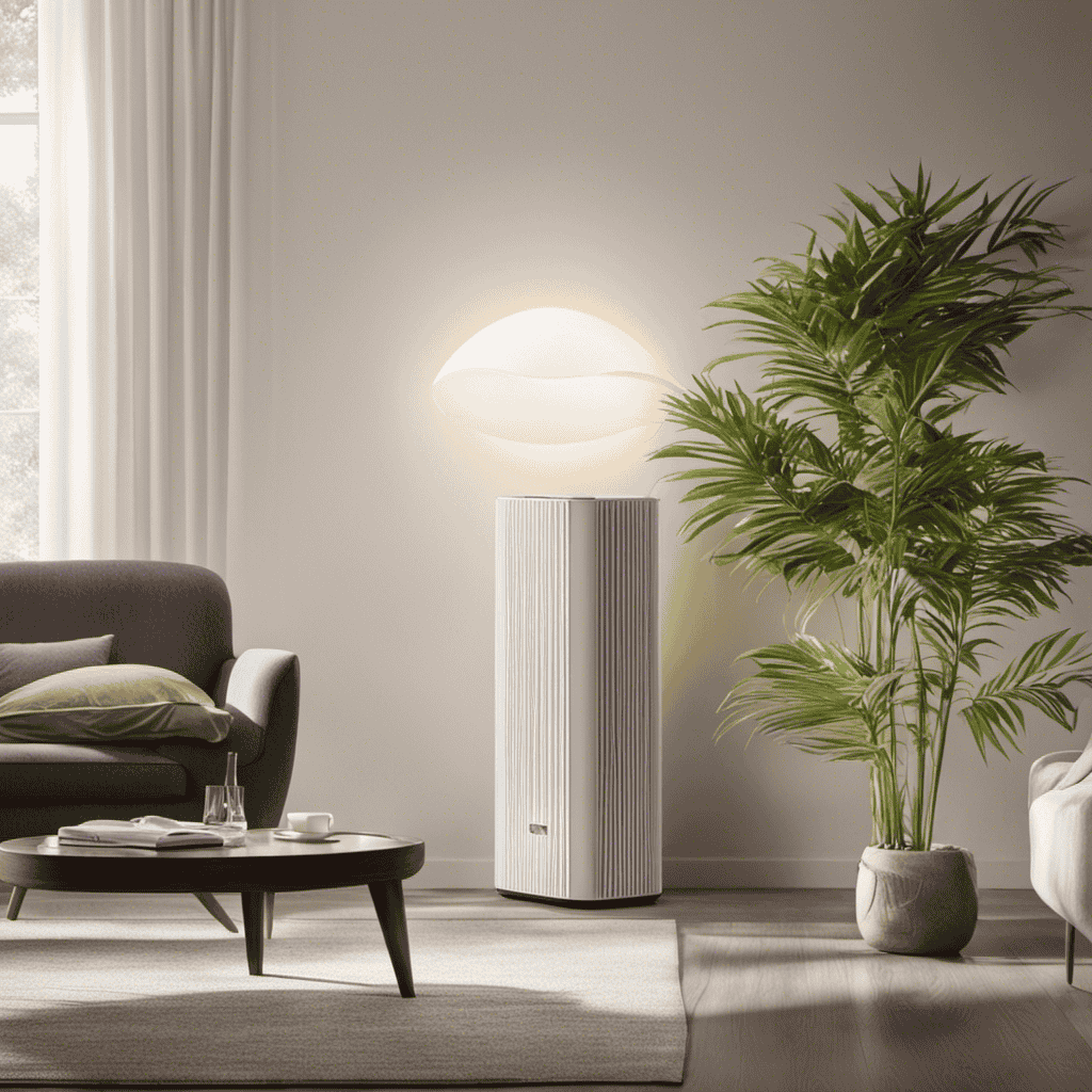 An image that showcases the essence of air purifiers, depicting a serene living room with sunlight streaming in through clean, purified air