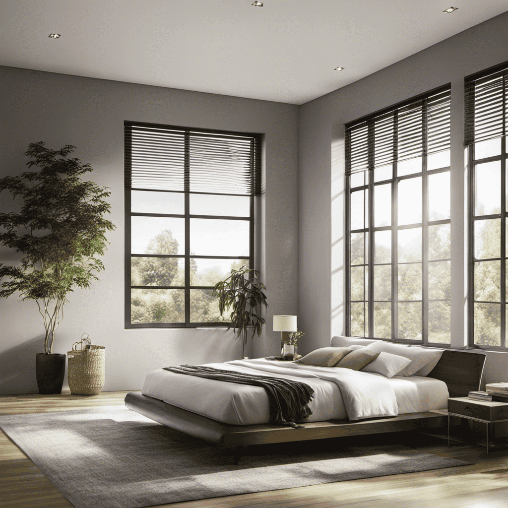 An image showcasing a serene bedroom with sunlight streaming through clean windows, where a sleek, modern air purifier quietly hums in the corner, purifying the air and creating a fresh, rejuvenating ambiance