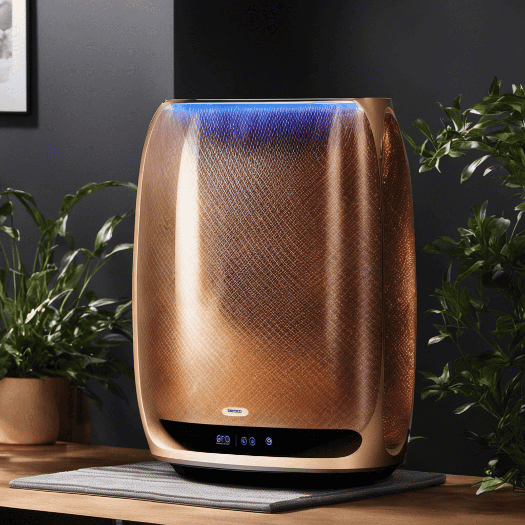 An image showcasing an air purifier emitting cascades of invisible ions, swirling and neutralizing pollutants in the air