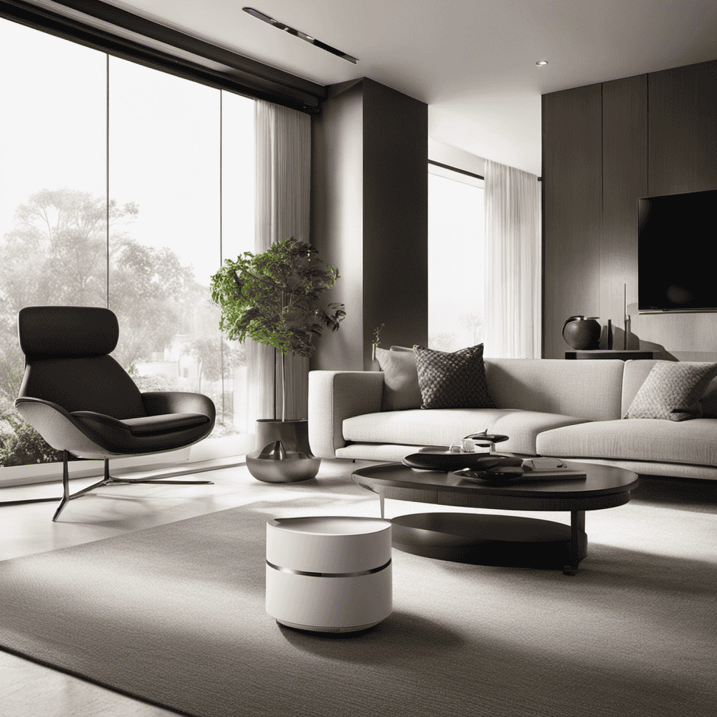 An image showcasing a sleek, minimalist air purifier in a contemporary living room setting