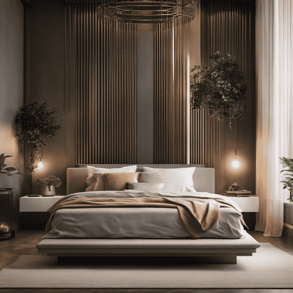 An image showcasing a serene bedroom scene with a sleek air purifier gently removing harmful pollutants from the air, while the soft glow of sunlight streams through a window, highlighting the clean and fresh atmosphere