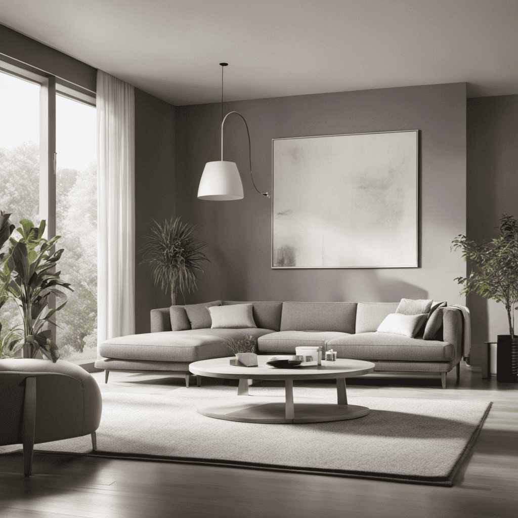 An image featuring a modern living room with a sleek air purifier placed strategically to capture floating pet hair and dust particles