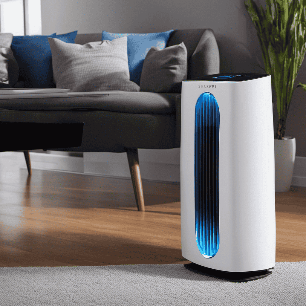An image showcasing the bottom of the Sharper Image Hybrid Gip Air Purifier, highlighting its distinct blue tabs