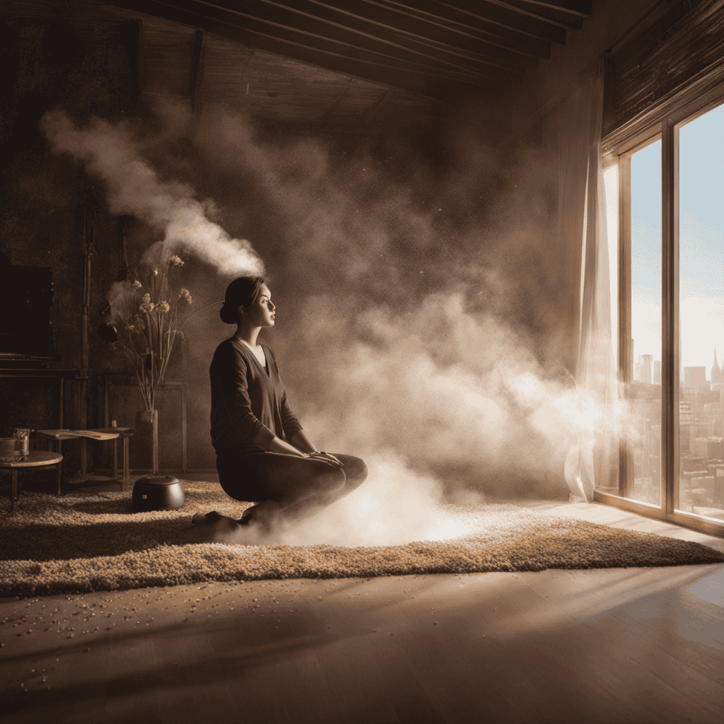 An image showcasing a person sitting in a room with an air purifier, surrounded by floating particles of dust and allergens