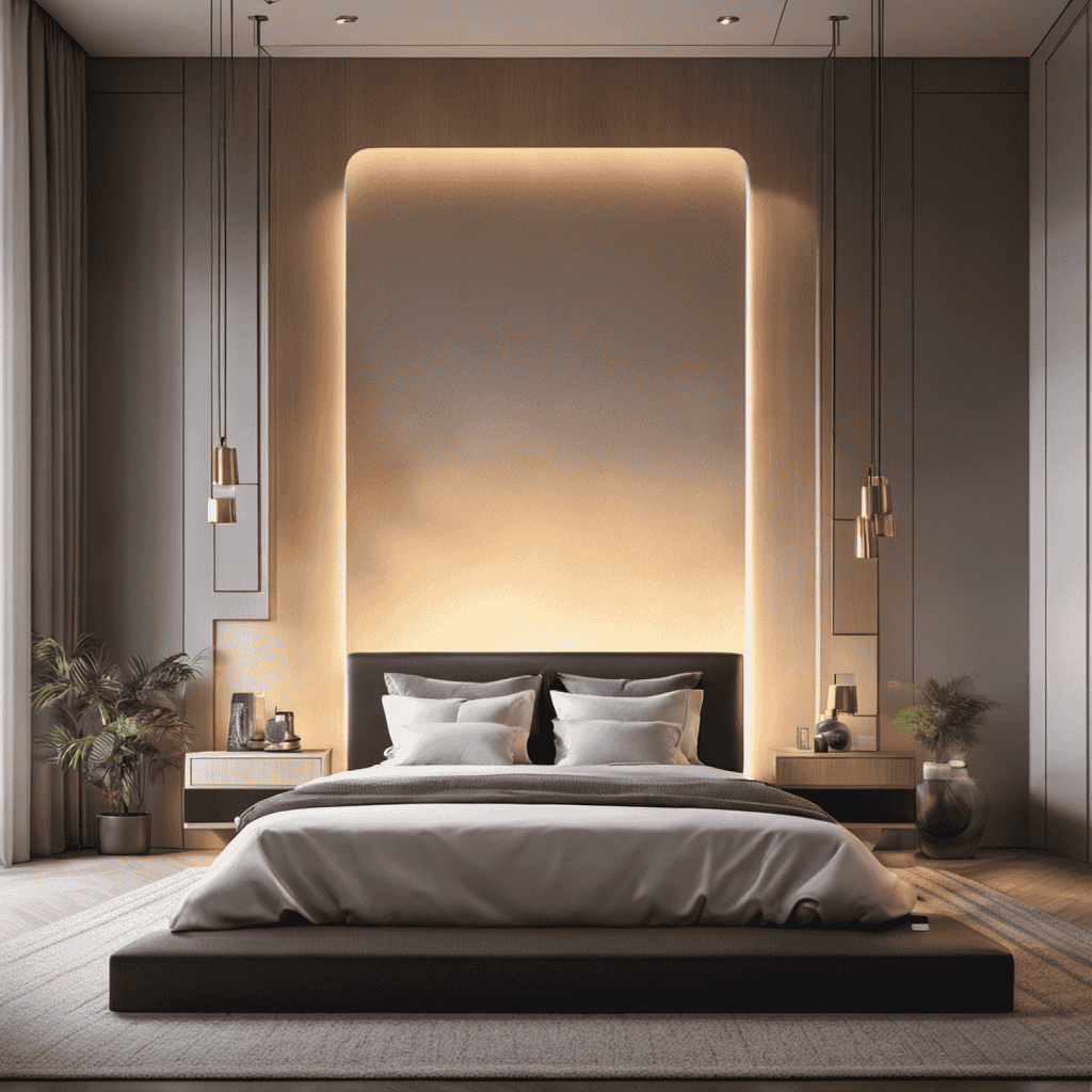 An image showcasing a serene bedroom, with a person sleeping peacefully, while surrounded by a soft glow from an ionizer air purifier