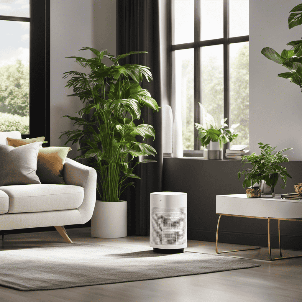 An image showcasing a modern living room with a sleek, white air purifier subtly placed on a side table, surrounded by fresh plants