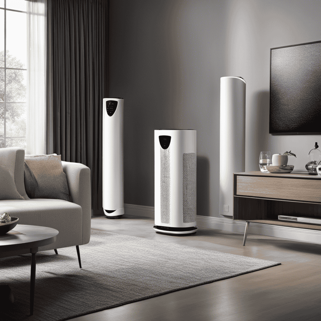 An image showcasing a lineup of sleek, modern air purifiers in a well-lit room