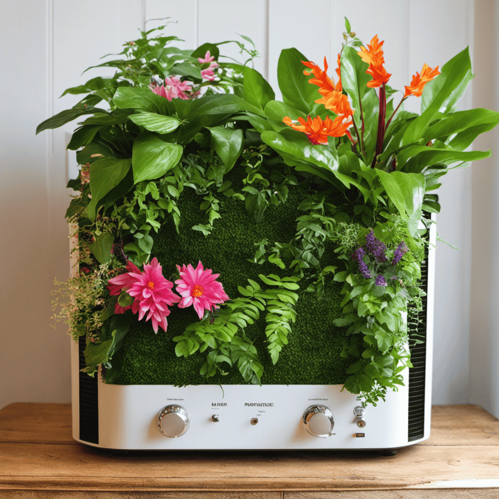 An image showcasing an upcycled air purifier repurposed as a vibrant plant holder, adorned with lush greenery, cascading vines, and colorful blooming flowers, adding a touch of nature to any space