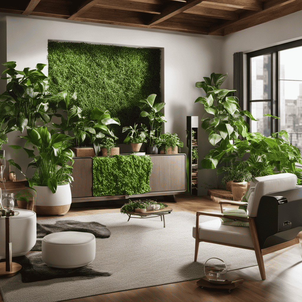 An image showcasing a thriving apartment air purifier garden, teeming with vibrant, miniature plants like basil, spider plants, peace lilies, and English ivy, adding a touch of greenery to any living space