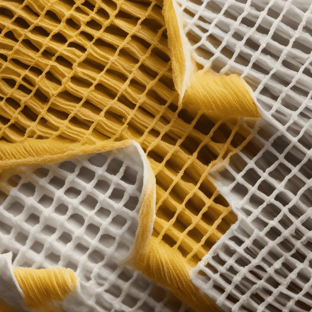 An image capturing a close-up of a brand-new air purifier filter, where its once pristine white fibers are now tinged with a deep yellow hue
