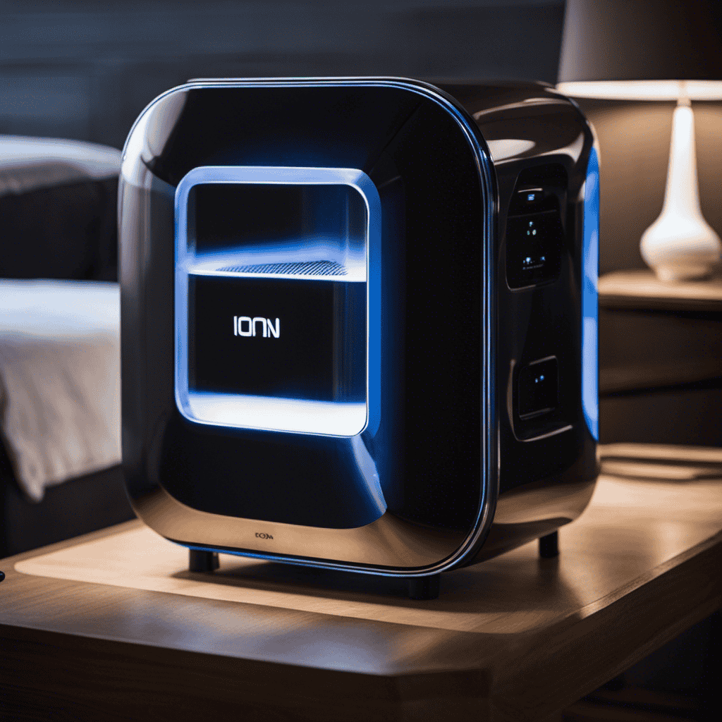 An image depicting an Ion Pro Air Purifier placed on a table in a dimly lit room
