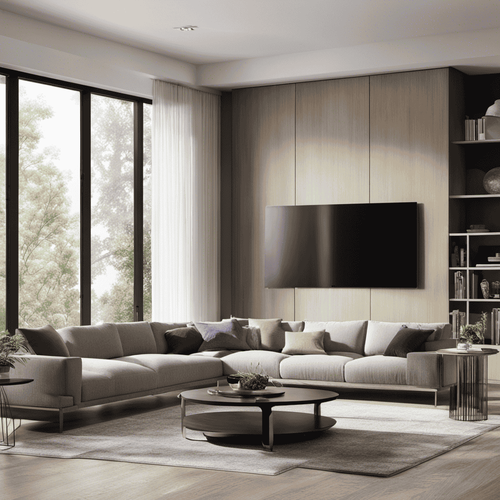 An image showcasing a spacious living room filled with a variety of indoor pollutants, such as dust particles, pet dander, and smoke, while a powerful air purifier effectively filters the air to ensure a clean and fresh environment