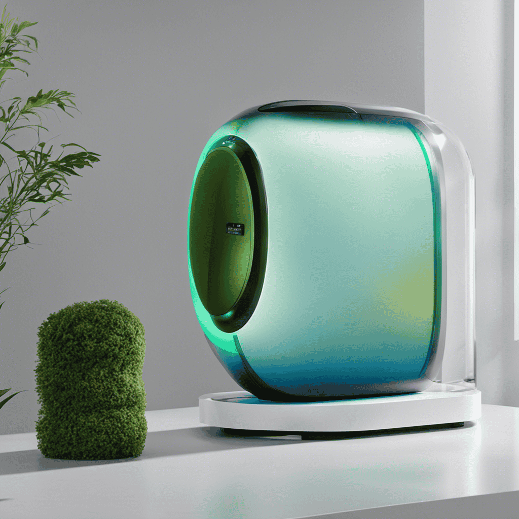 An image depicting a sleek, modern air purifier with a translucent body showcasing vibrant green mold spores trapped inside