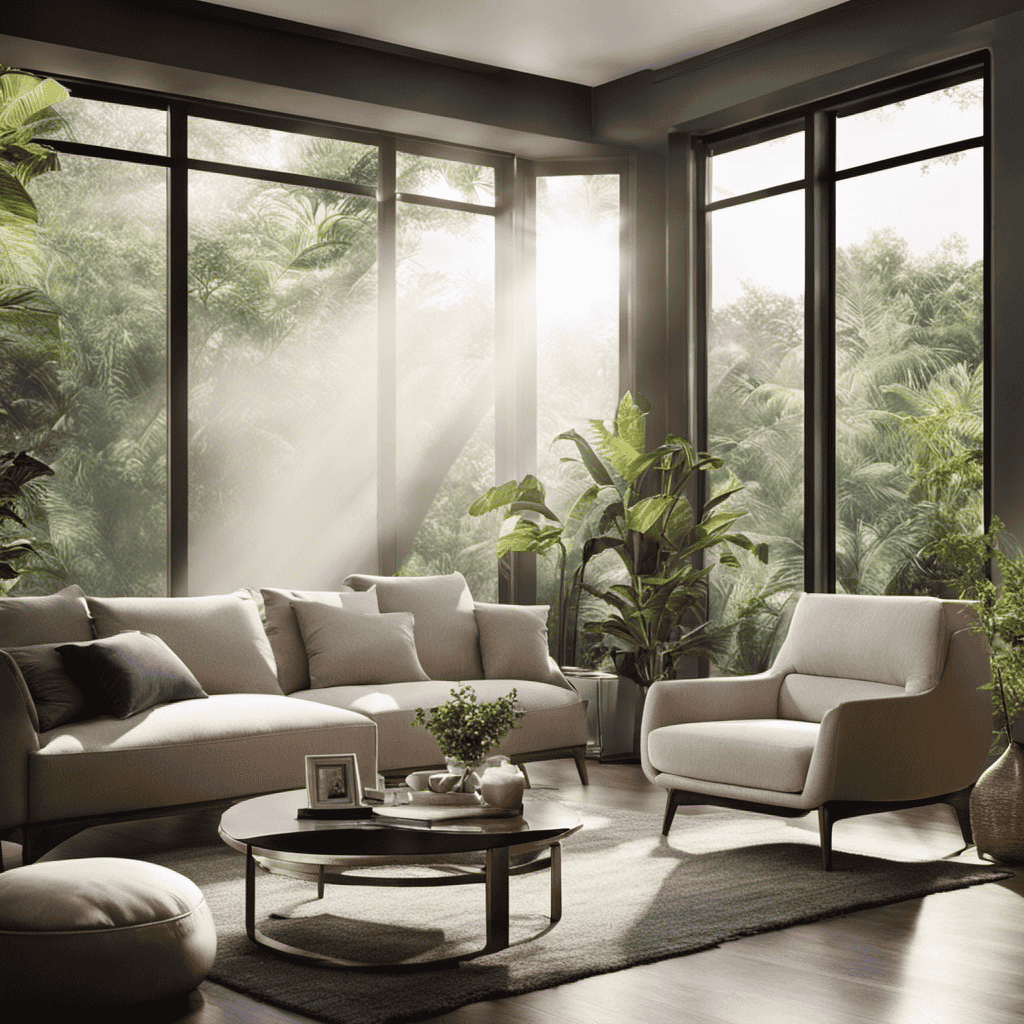 An image that showcases a serene living room with an air purifier placed strategically near a window, capturing the fine particles being filtered out of the air, beautifully illuminated by the soft sunlight