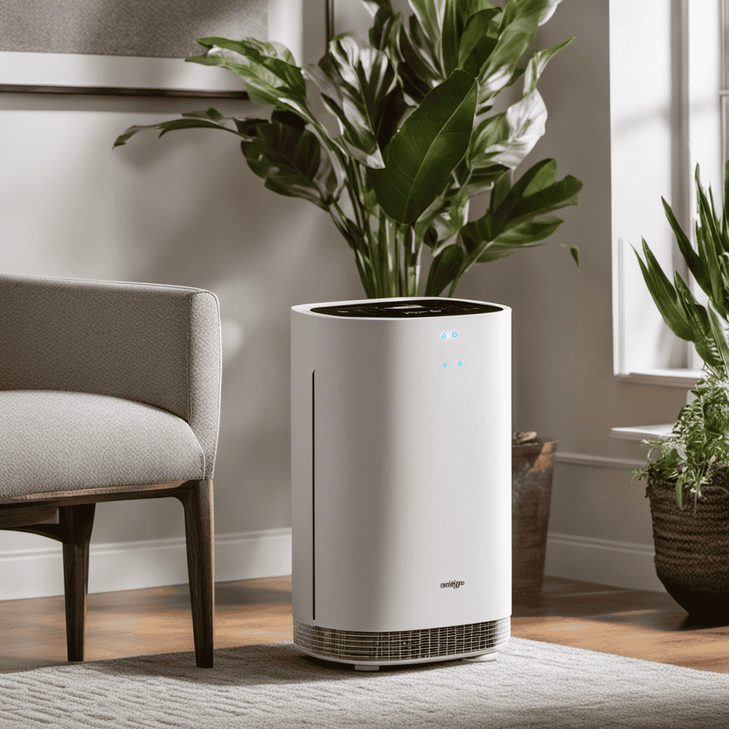 An image showcasing an air purifier in a living room, capturing particles being filtered out of the air