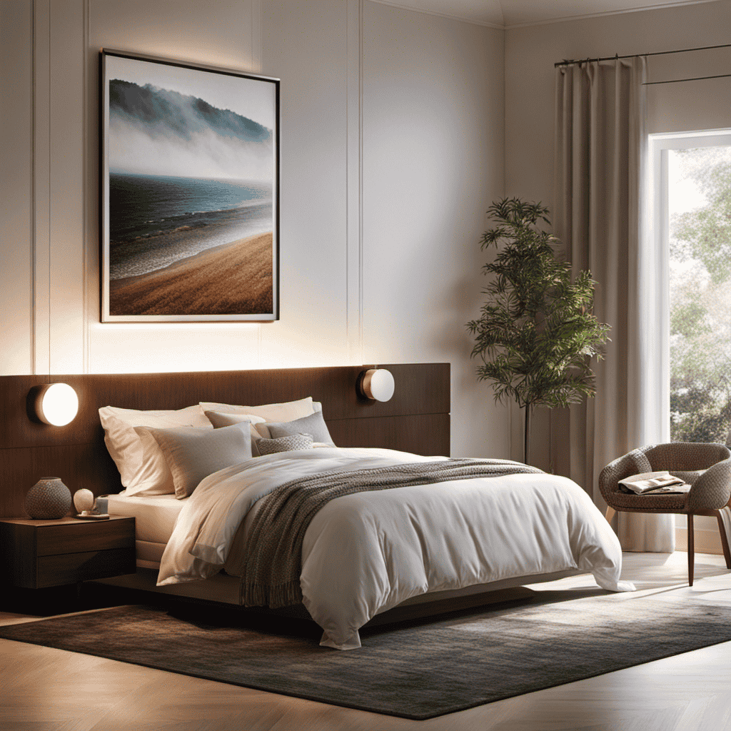 An image showcasing a serene bedroom scene with an air purifier softly humming near a bedside table