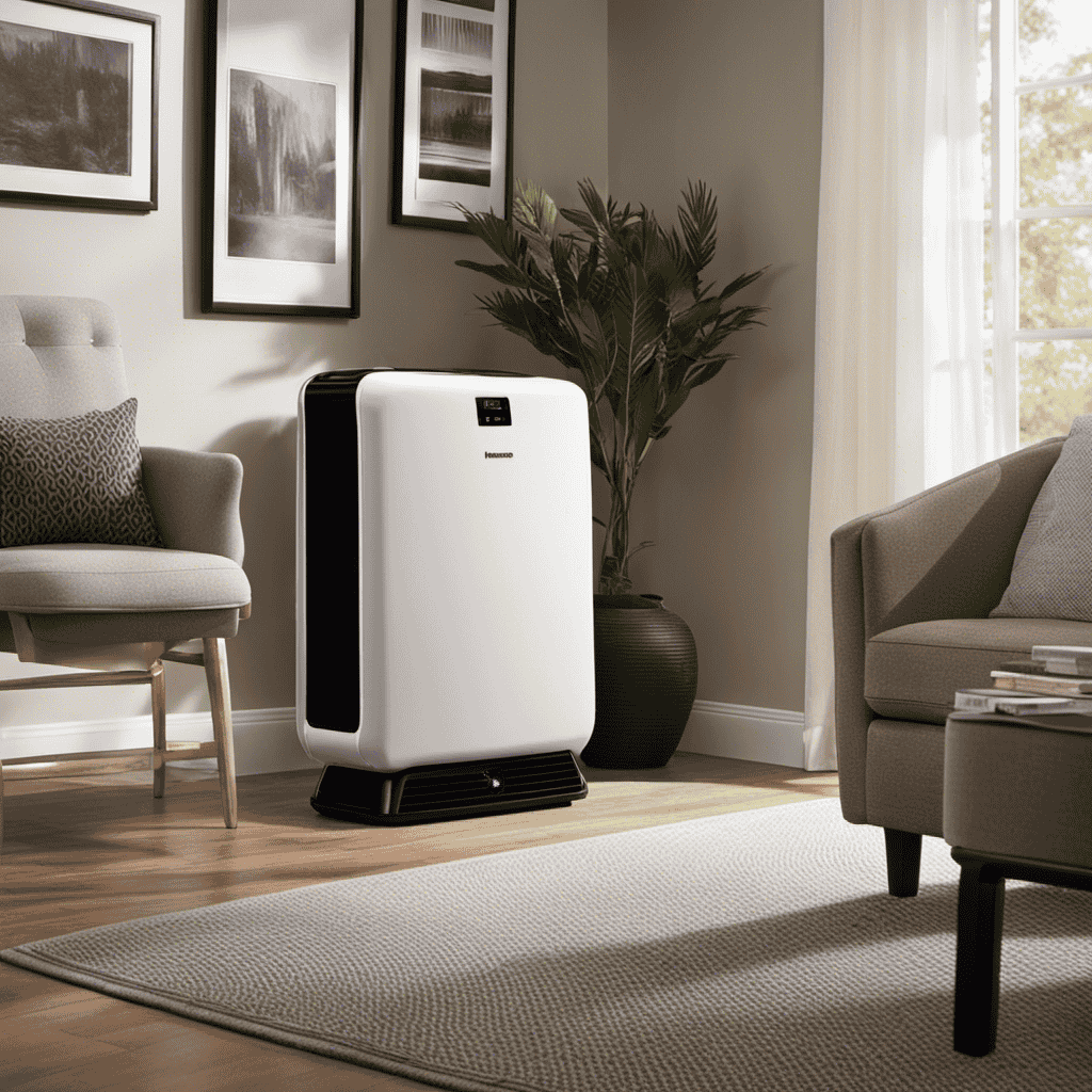 An image featuring a Kenmore 83394 True HEPA Air Purifier with its red light prefilter indicator turned on