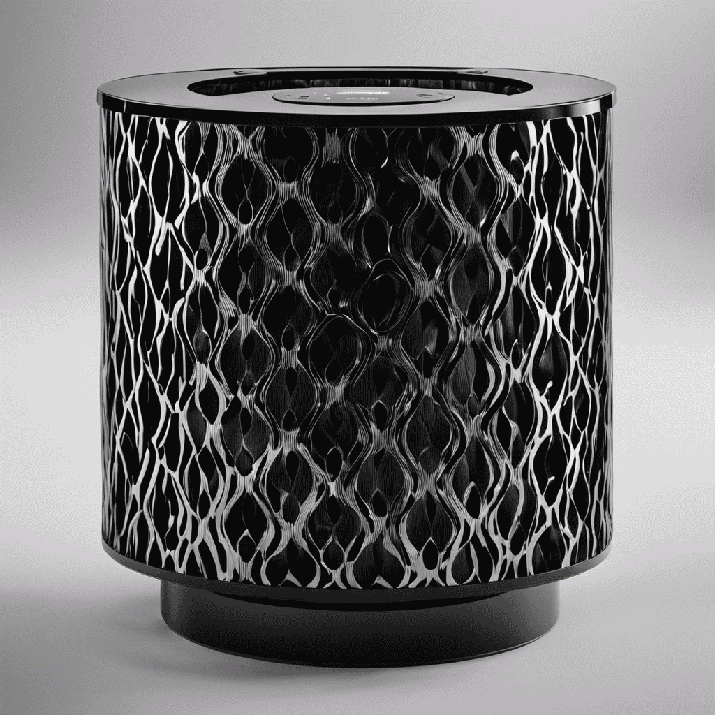 An image showcasing an air purifier filter covered in a thick layer of jet-black particles, contrasting against its pristine white surroundings
