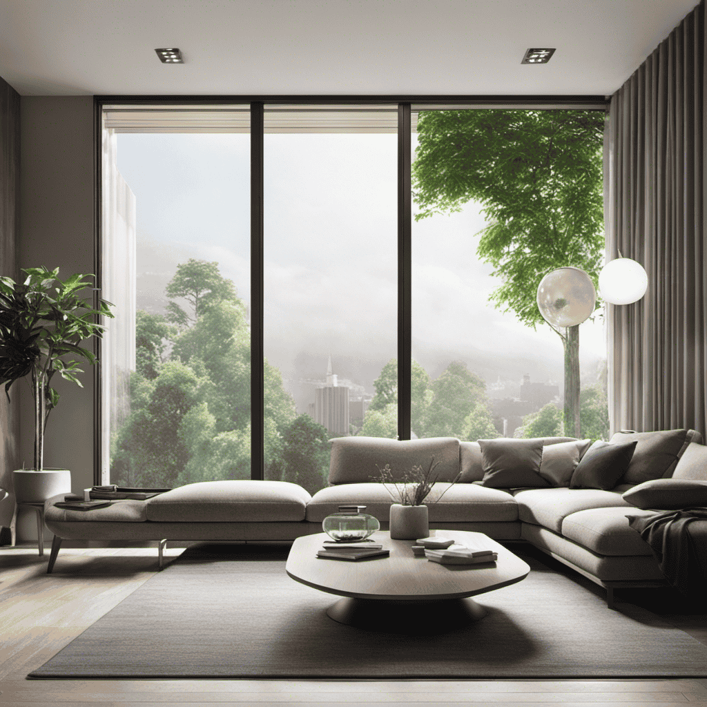 An image depicting a modern living room with an air purifier placed near a large window