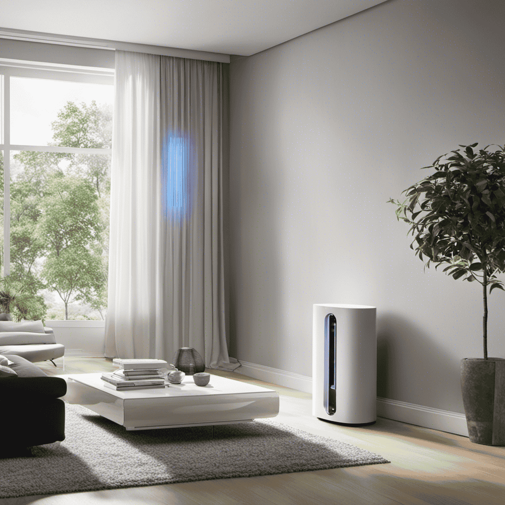 An image illustrating an air purifier emitting ions into a room, showcasing the ions seamlessly neutralizing harmful particles in the air