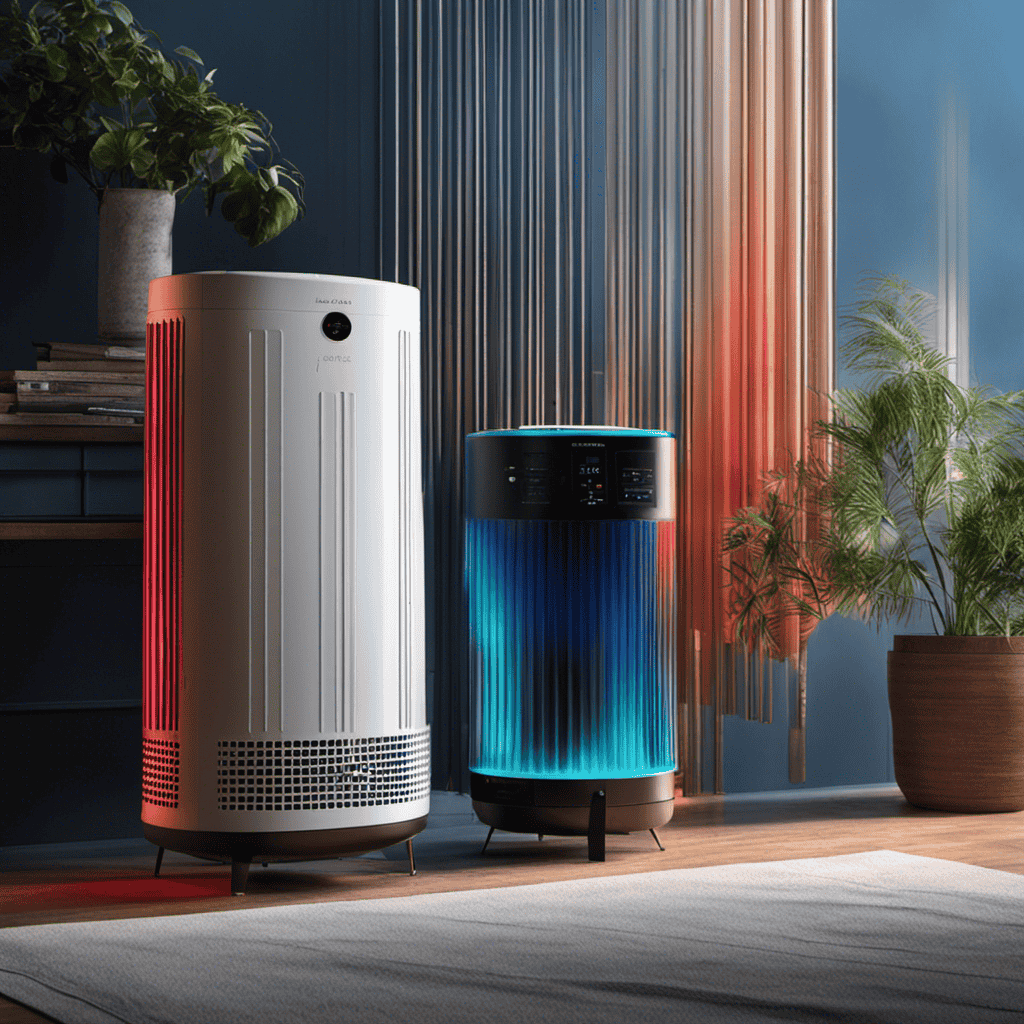 An image showcasing an air purifier with a vibrant spectrum of colors, ranging from deep blue for clean air to fiery red for polluted air