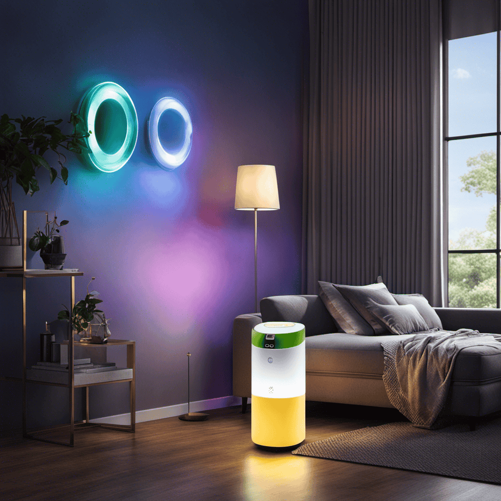 An image featuring an air purifier with four LED lights: a blue light indicating normal functioning, a green light indicating clean air, a yellow light indicating moderate pollution, and a red light indicating high pollution