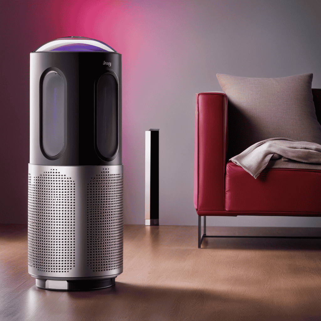 An image of a Dyson Air Purifier with its digital display prominently showing the current air quality level, accompanied by color-coded indicators ranging from green (cleanest) to red (most polluted), conveying the meaning of the numbers without any text