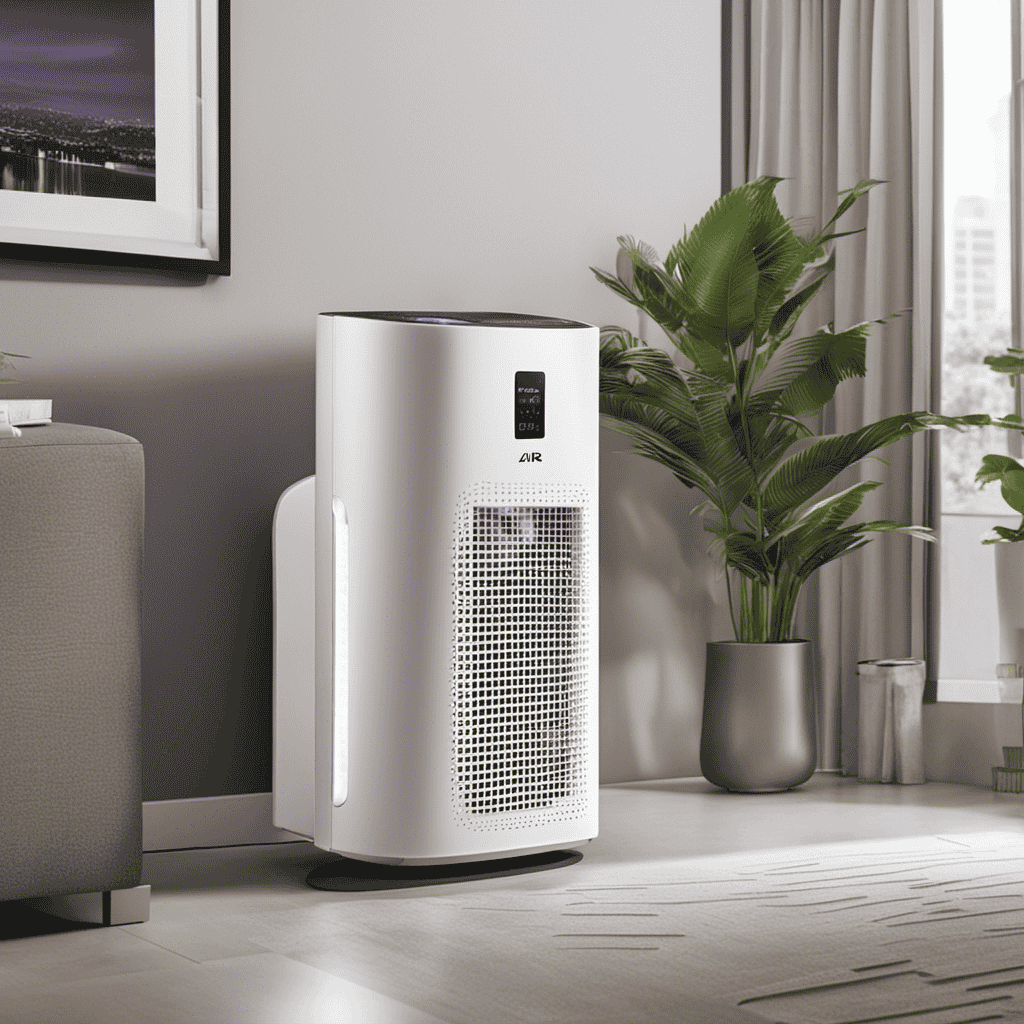 An image of an air purifier with a clear display panel showing numerical data like PM2