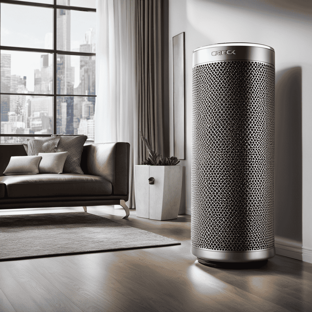 An image capturing the sleek, silver cylindrical element nestled within an Oreck Air Cleaner Purifier