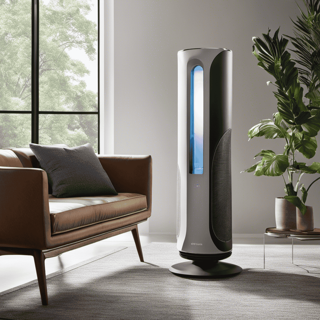 An image showcasing an air purifier in a modern living room, capturing its intricate filtration system at work, as it effortlessly removes microscopic pollutants, allergens, and odors from the air