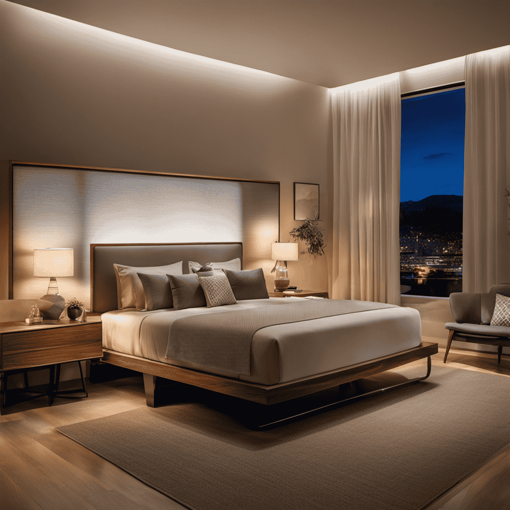 An image showcasing a serene bedroom with an air purifier, capturing the soft glow of ambient light, as the purifier quietly eliminates dust particles, pollen, and pet dander, creating a clean and allergen-free environment