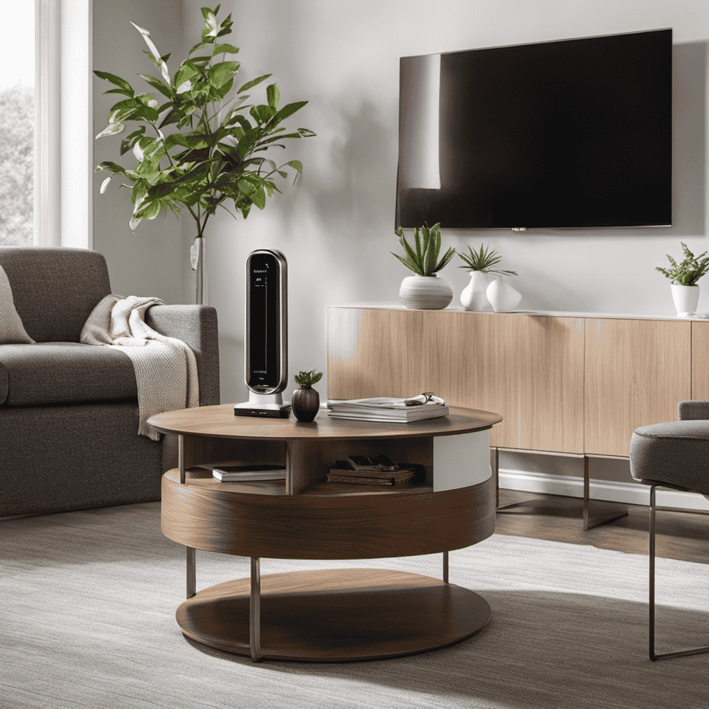 An image showcasing an air purifier in a modern living room