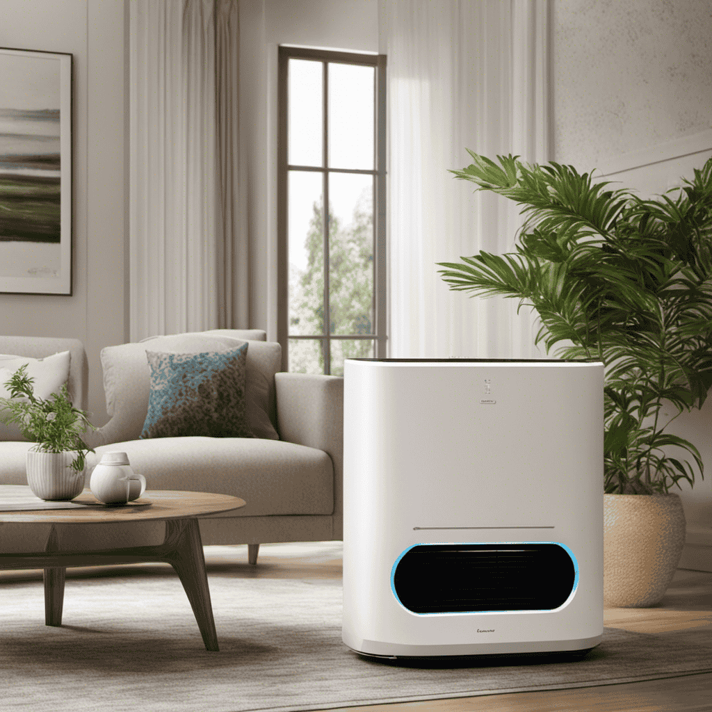 An image showcasing a cozy living room with an air purifier featuring an ionizer