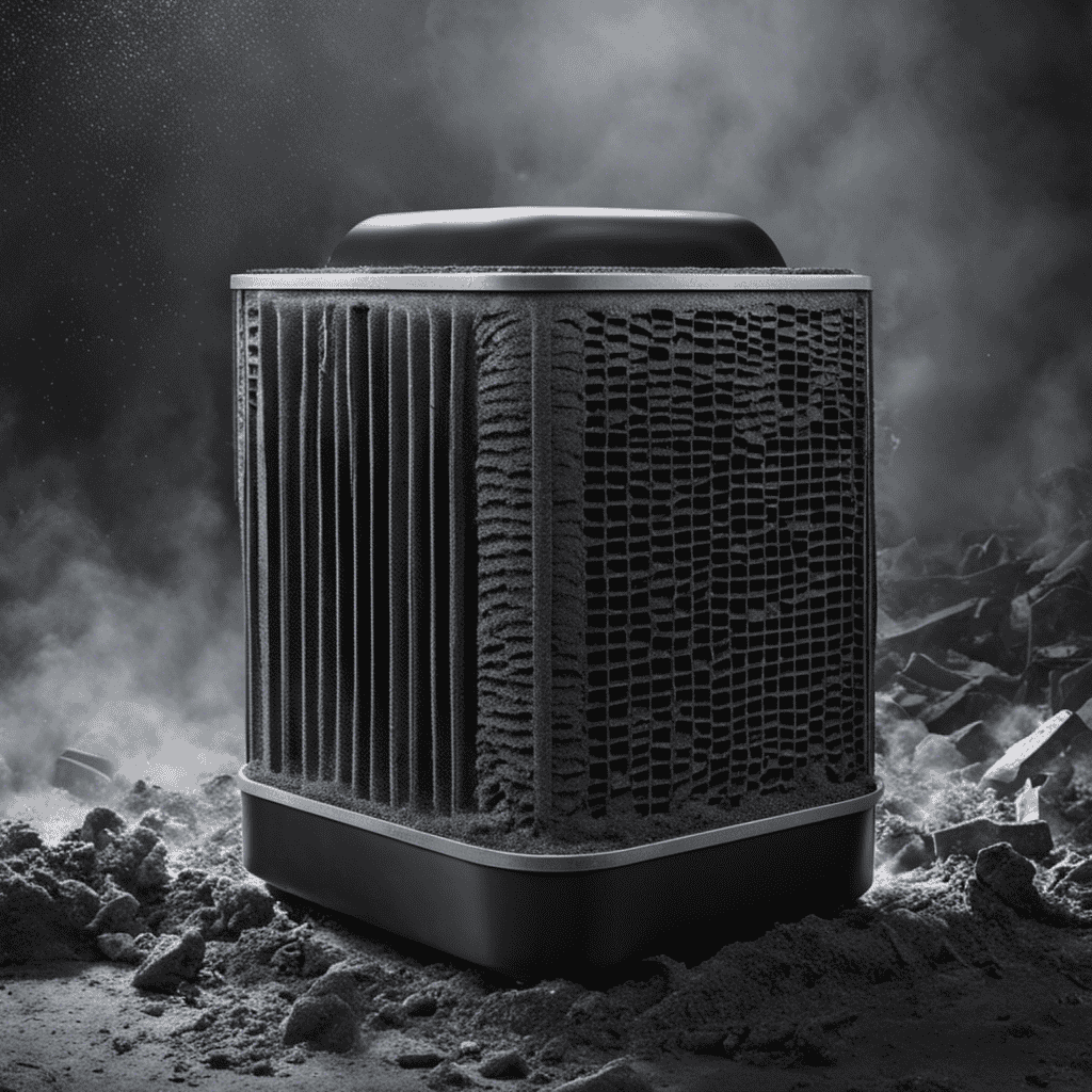 An image that vividly portrays a neglected air purifier filter covered in thick layers of grey dust and debris, showcasing its clogged state and the urgent need for maintenance