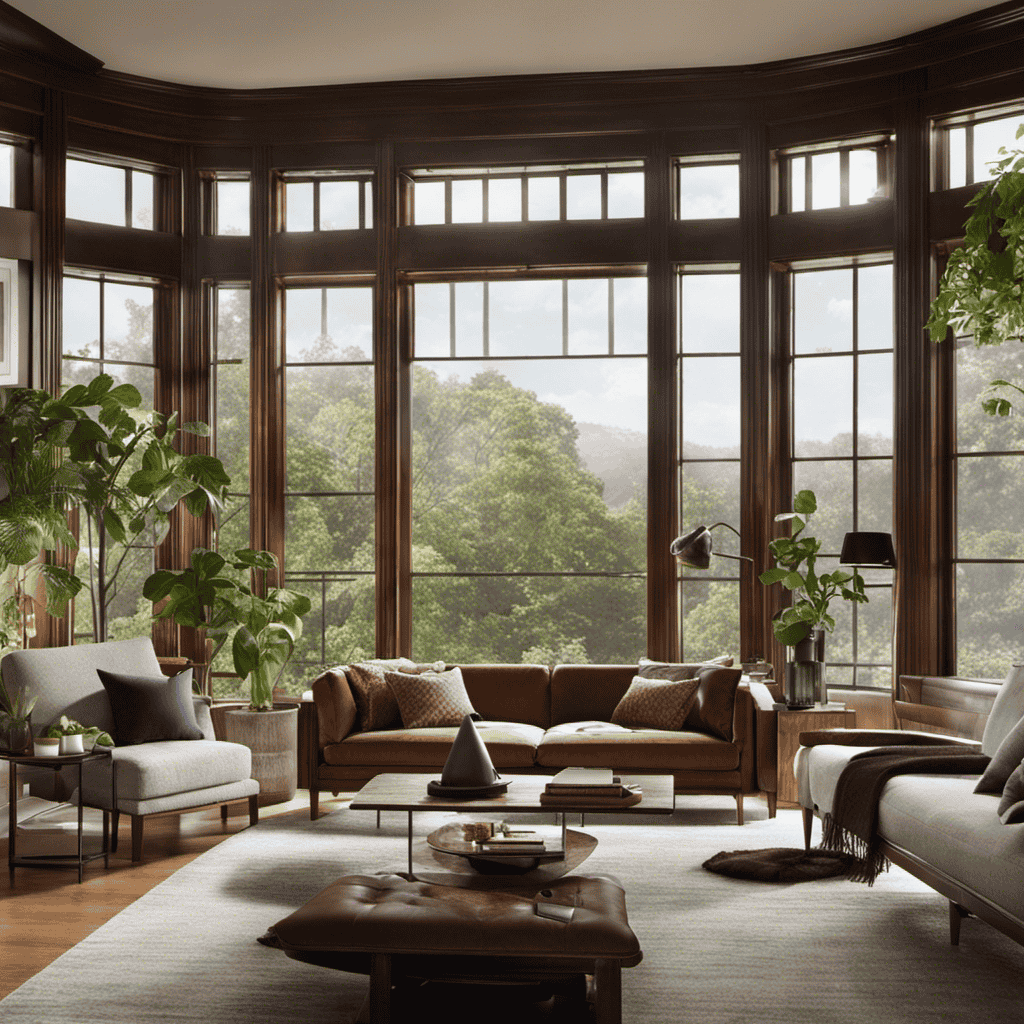 An image showcasing a serene living room with an open window, where a Holmes air purifier quietly operates, capturing microscopic pollutants and releasing clean, fresh air