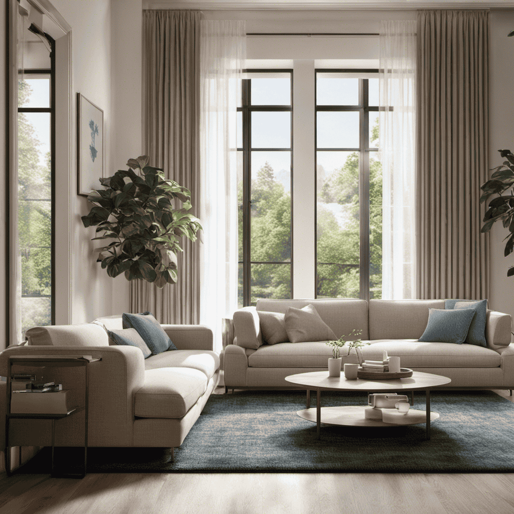 An image showcasing a serene living room with an air purifier placed near a sunlit window