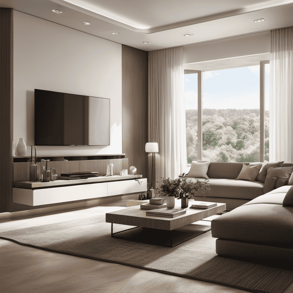 An image depicting a serene living room, bathed in soft natural light, with an air purifier quietly humming in the corner