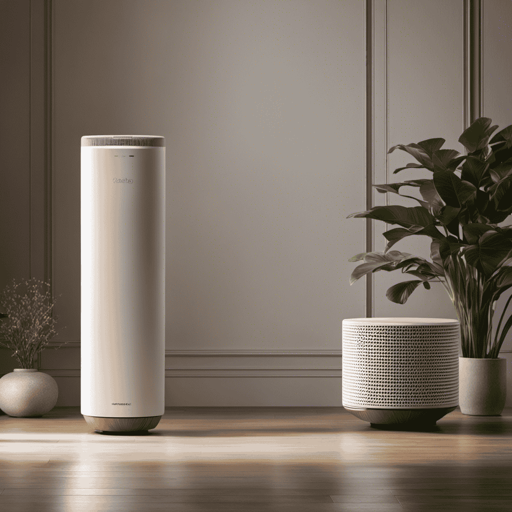 An image capturing a serene living room with an air purifier gracefully positioned at its center