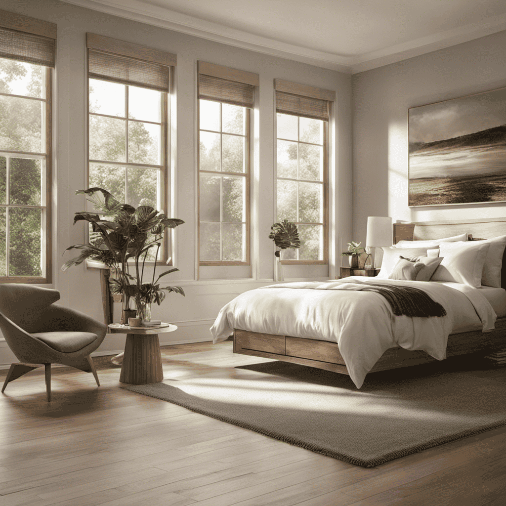 An image featuring a serene bedroom with sunlight streaming through a window, showcasing an air purifier silently eliminating airborne pollutants