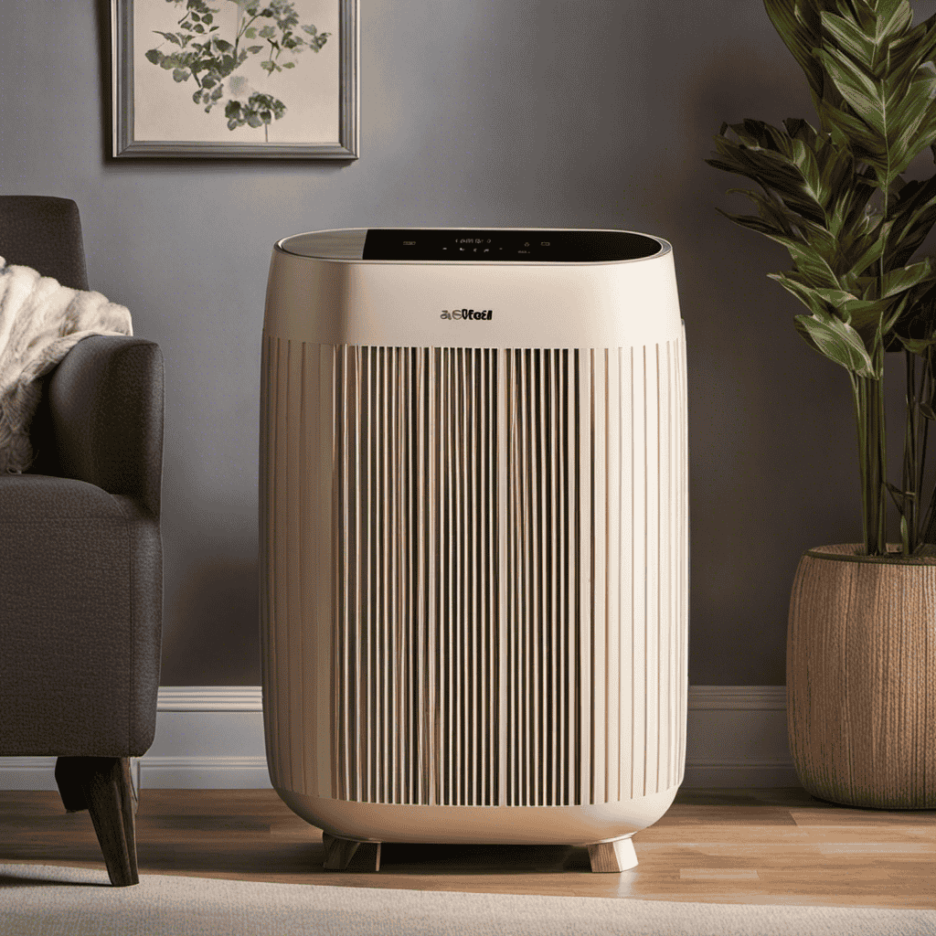 An image that showcases an air purifier in a room, capturing the soft glow of its filter illuminated by UV light, as it efficiently traps and eliminates microscopic allergens, leaving behind clean and fresh air