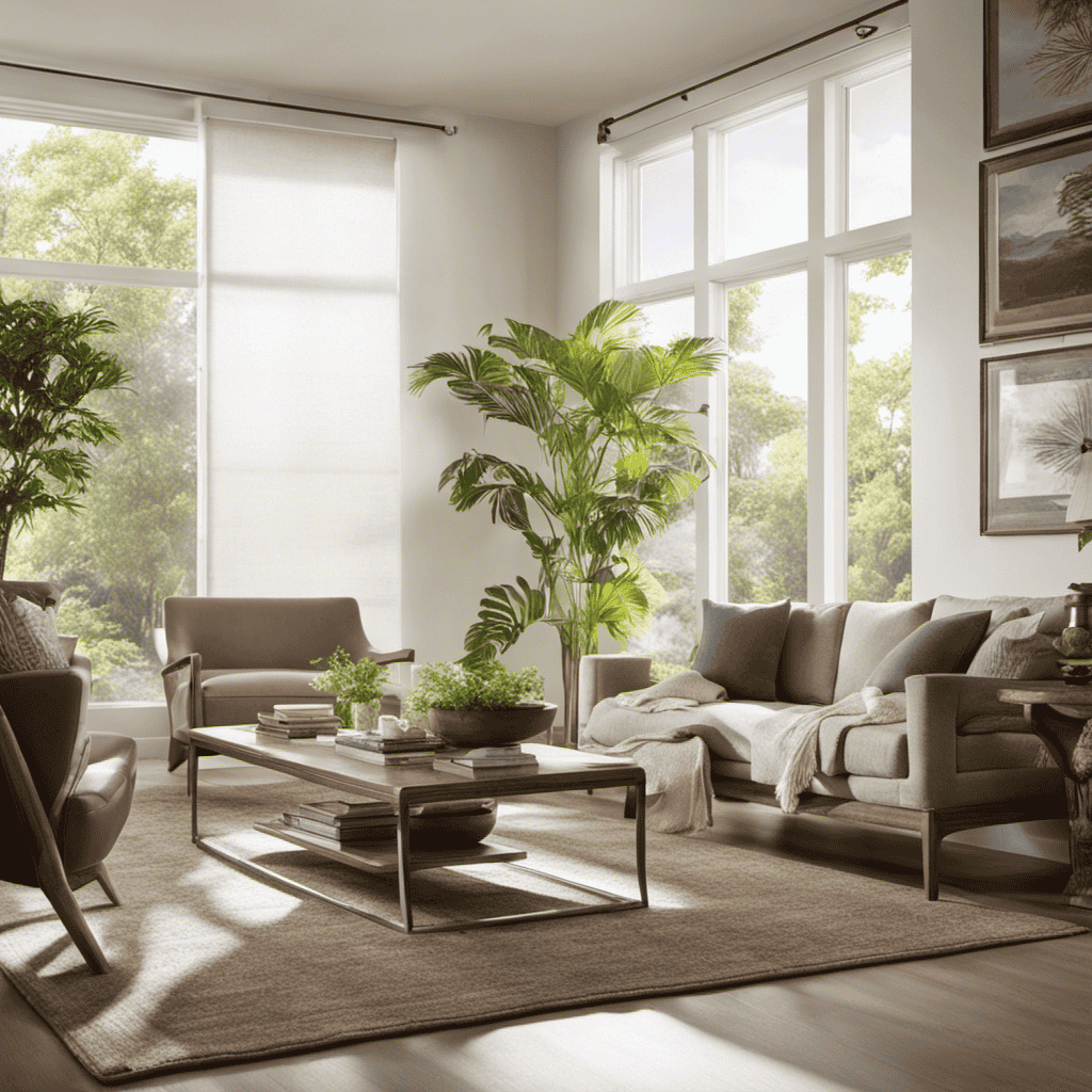 An image that showcases a tranquil living room with sunlight streaming through clean, purified air