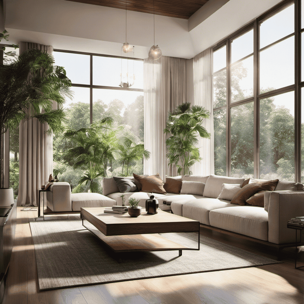 An image showcasing a serene living room with sunlight streaming through open windows