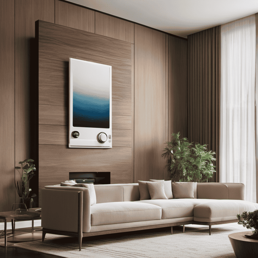 An image showcasing a serene living room with an air purifier at its center