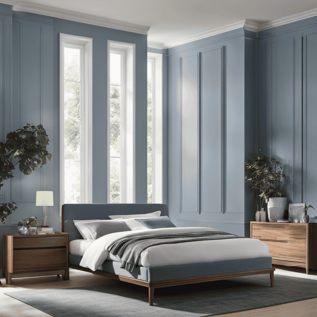 An image showcasing a serene bedroom scene, with an air purifier quietly humming in the corner