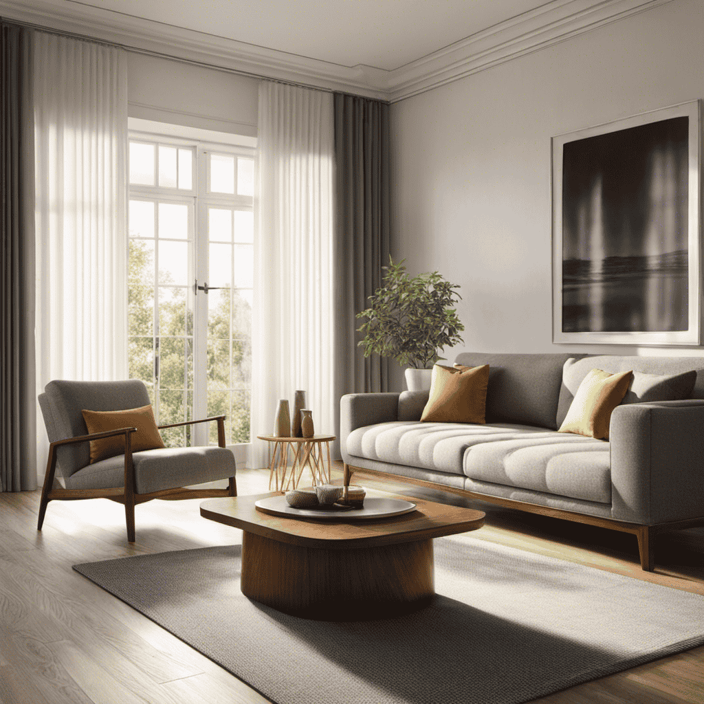 An image of a serene living room with sunlight streaming through a window