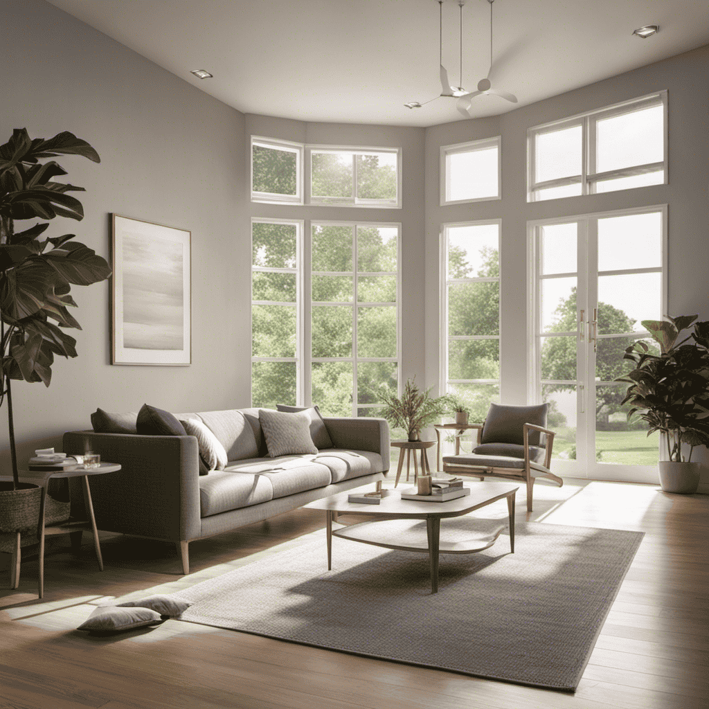 An image of a serene living room with sunlight streaming through the windows